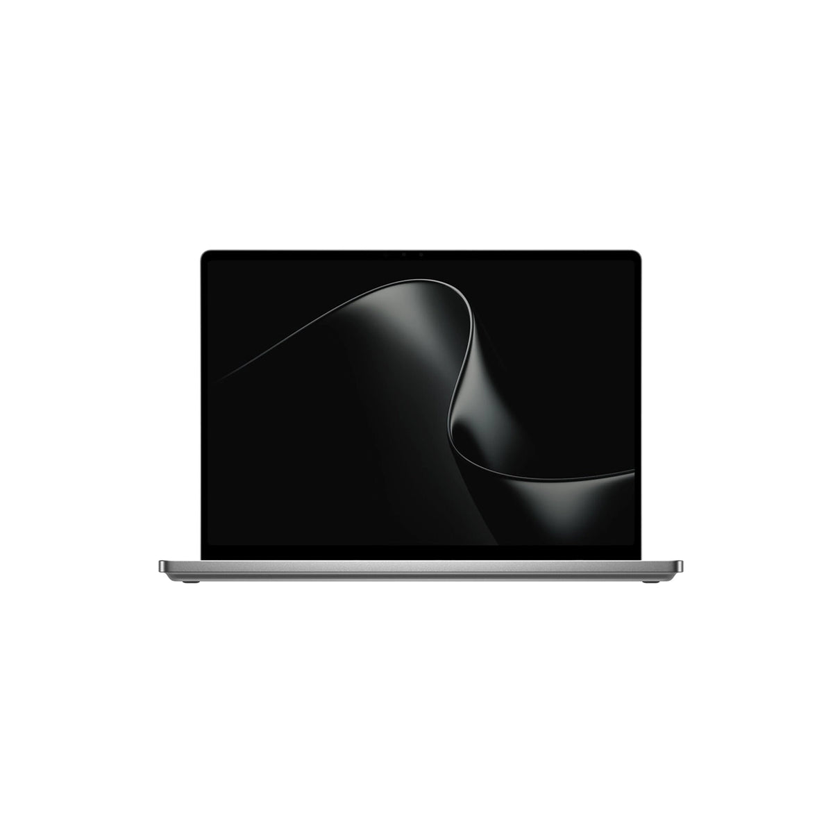 A silver laptop shown open and centered on a plain white background, with a black screen displaying a dark abstract wallpaper.