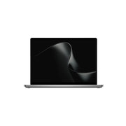 A silver laptop shown open and centered on a plain white background, with a black screen displaying a dark abstract wallpaper.