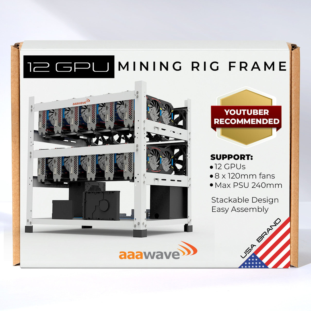 The AAAwave Sluice V2 AAAIRMC12WH is a white open-frame mining rig case that supports up to 12 GPUs, ideal for cryptocurrency mining setups.