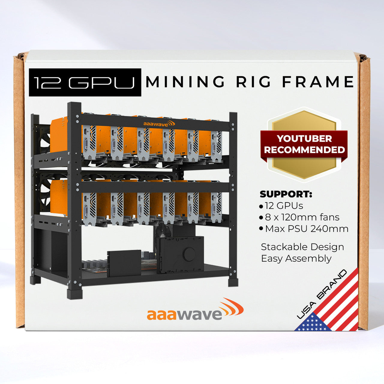 The AAAwave Sluice V2 AAAIRMC12 is a durable open-frame mining rig case designed to accommodate up to 12 GPUs for efficient cryptocurrency mining.