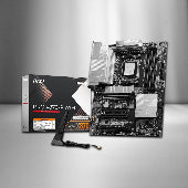 MSI computer motherboard with packaging on a gray background
