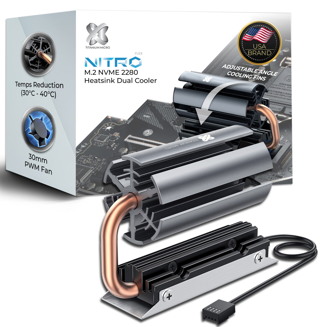 Titanium Micro Nitro Flex M.2 SSD M.2 2280 SSD Rocket Heatsink Built-in 30mm PWM Cooling Fan TMHSFM9NITROFLEX