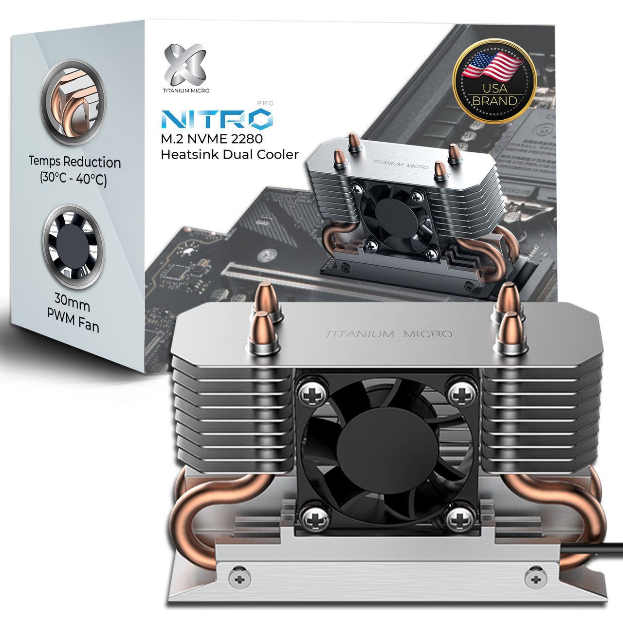 Titanium Micro Nitro Pro M.2 NVMe Heatsink, 2280 Dual Cooler Heatsink with 30mm PWM Fan