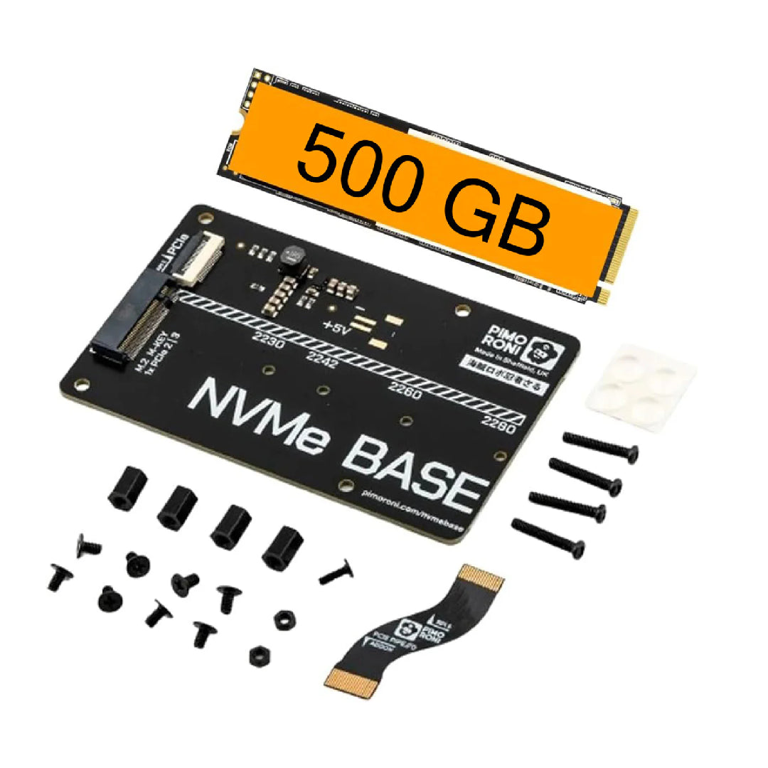 NVMe Base M.2 HAT PCIe Extension w/ 500 GB M.2 2280 Internal Solid State Drive SSD