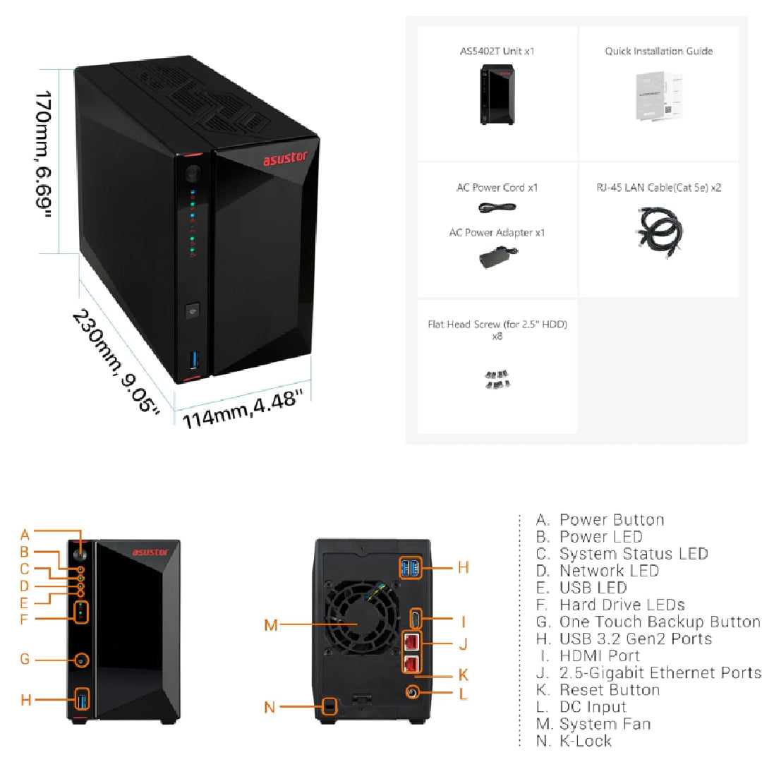 Asustor AS5402T Nimbustor 2 Gen2 2 Bay NAS,Quad-Core 2.0GHz CPU,Dual 2.5GbE Ports,4GB DDR4,4x M.2 SSD Slots (Diskless)