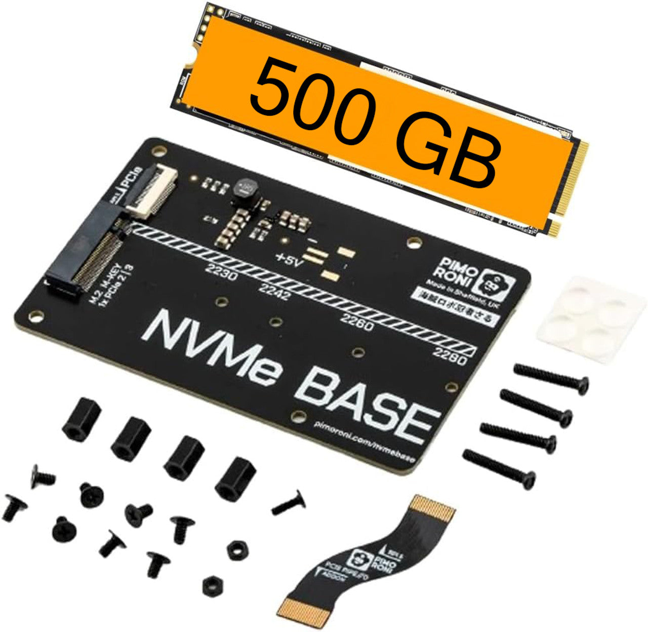 NVMe Base M.2 HAT PCIe Extension w/ 500 GB M.2 2280 Internal Solid State Drive SSD