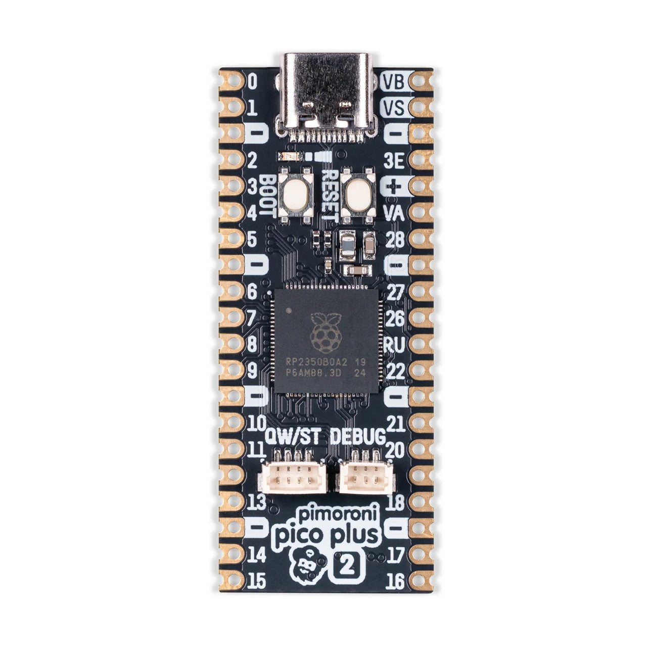 Pimoroni Pico Plus 2 RP2350 microcontroller with 16MB of flash memory, 8MB of PSRAM, USB-C, Qw/ST and debug connectors PIM724