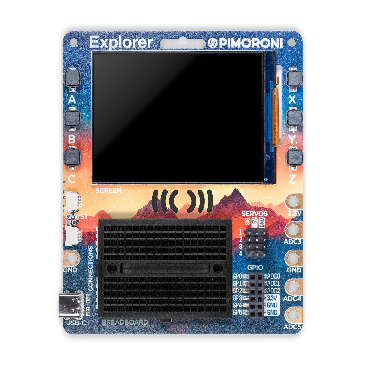 The Pimoroni Explorer PIM744 is a compact physical computing kit built around the powerful RP2040 microcontroller.