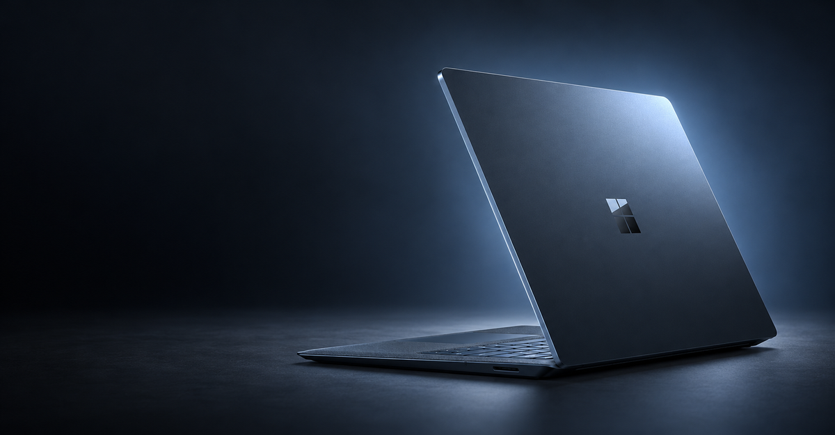 A sleek silver laptop shown open at an angle on a dark surface, with dramatic blue lighting highlighting its edges and a small centered logo on the back of the lid.