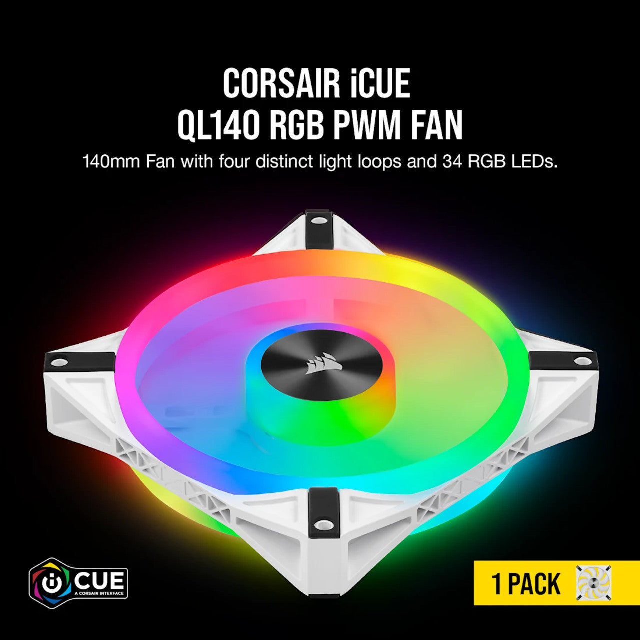 Corsair iCUE QL140 RGB 140mm | 1250 rpm | PWM Fan 4-Pin Case Fan (White) - CO-9050105-WW