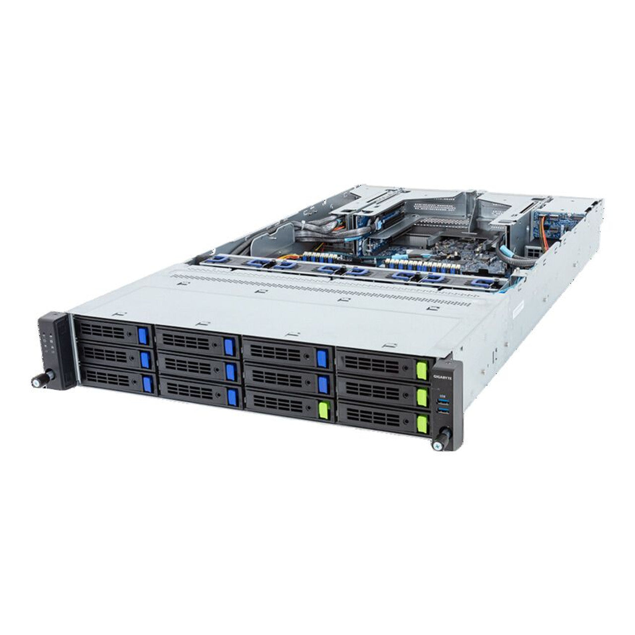 Gigabyte 2U Rack Server - 5th/4th Gen Intel Xeon Scalable, Dual CPU, 6+2 PCIe Gen5 Slots, 12+2 Bay Gen4 NVMe/SATA/SAS R283-S91 Rev. AAE1