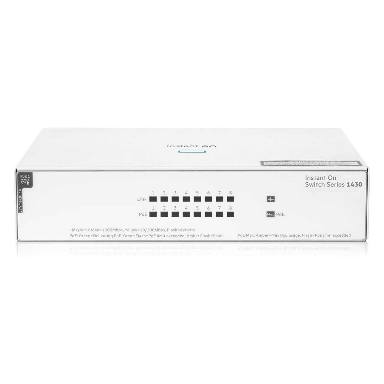 HPE Networking Instant On 1430 8-Port Gb Unmanaged Layer 2 Ethernet Switch with PoE | 8X CL4 PoE (64W) | Fan-Less | US Cord | R8R46A#ABA