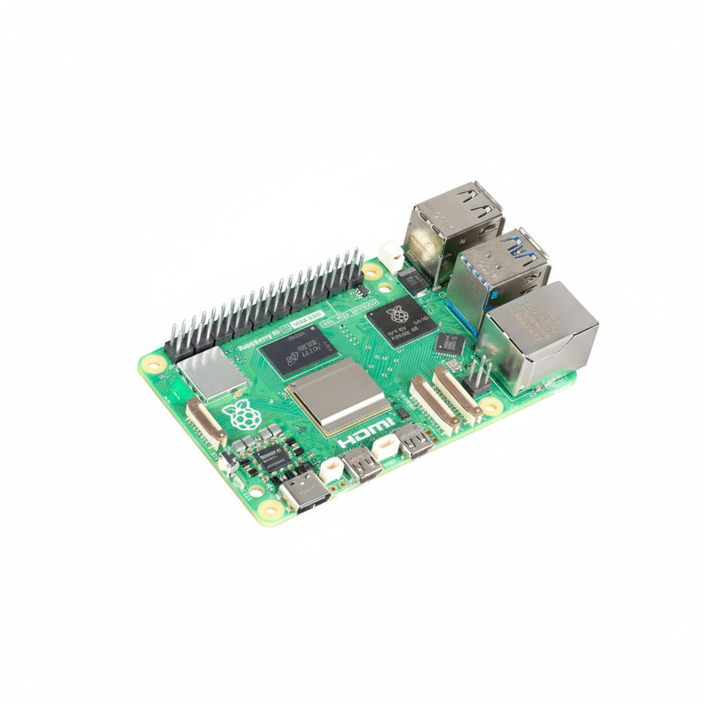 Raspberry Pi computer board with various ports on a white background