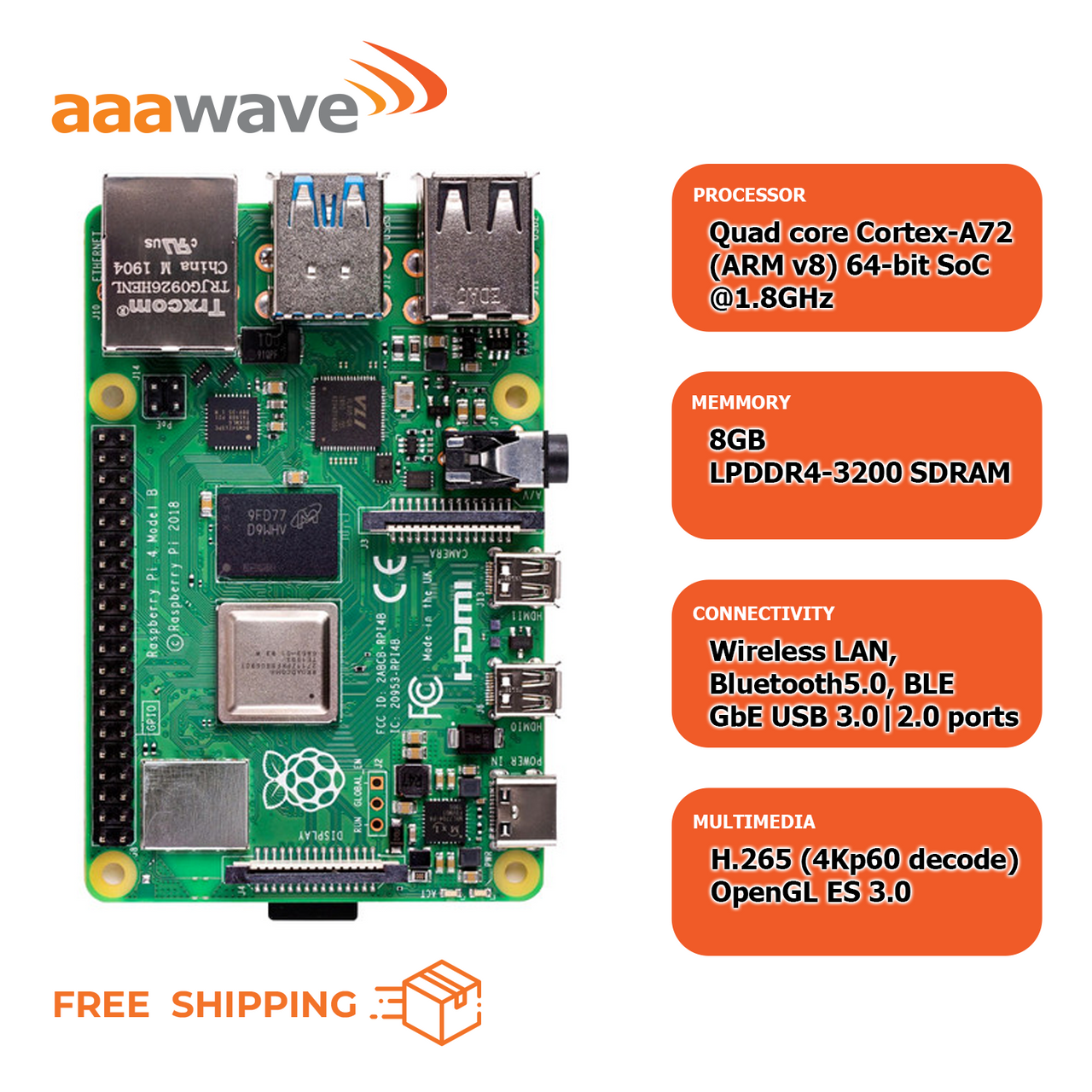 Raspberry Pi 4 Model B 8 GB 2019 Quad Core 64 Bit WiFi Bluetooth C1325-8GB