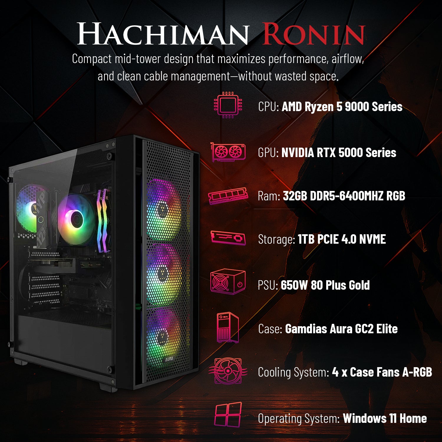 Ronin Gaming PC, AMD Ryzen 5 9600X, NVIDIA GeForce RTX 5060 8GB, 32GB DDR5 6400MHz RGB, 1TB Gen4 NVMe SSD, Wi-Fi 6, Windows 11 Home, Desktop Computer