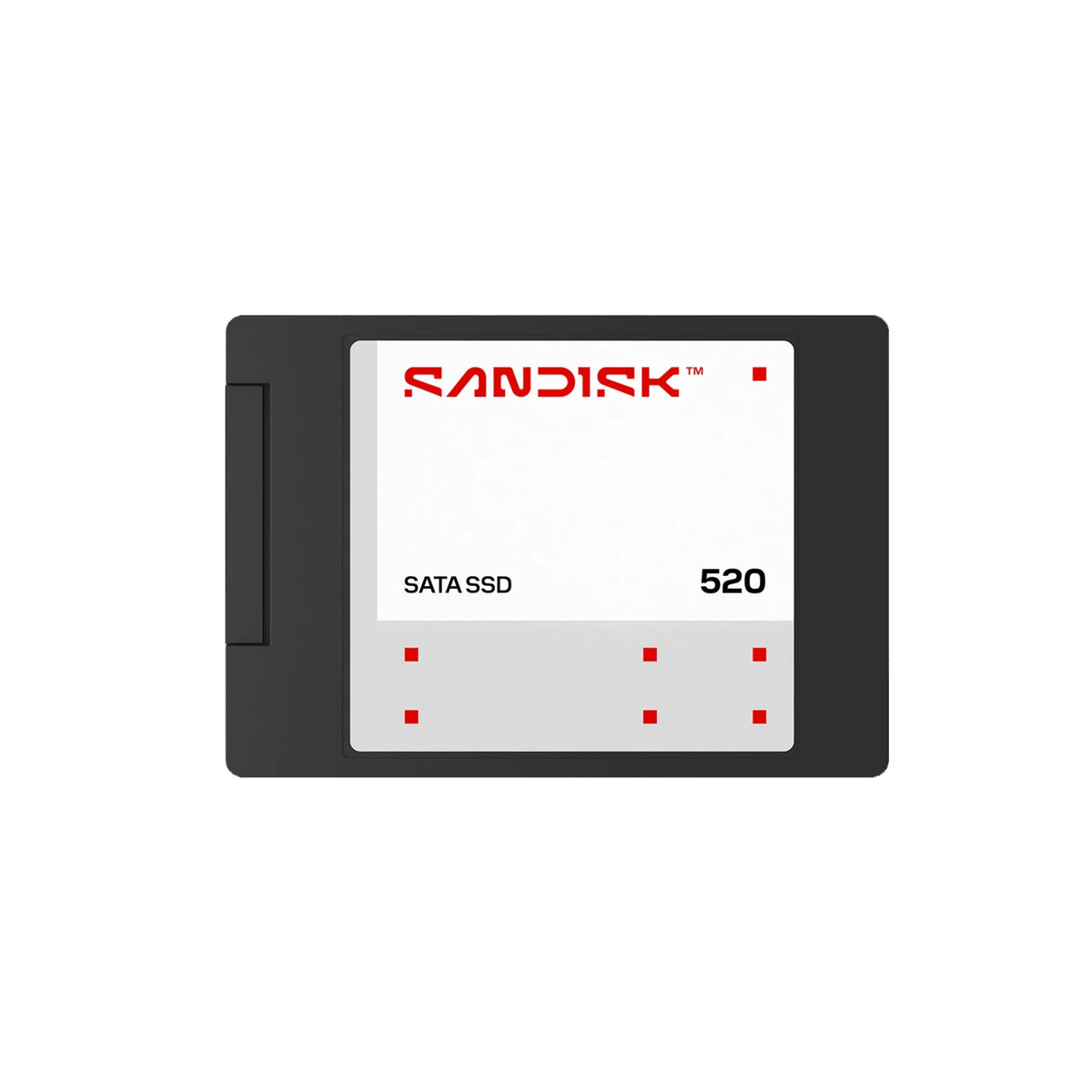 Sandisk 520 SATA SSD in a black rectangular package with a white label featuring red branding and text.