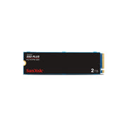 SanDisk SSD Plus M.2 NVMe SSD in black with a blue edge, featuring gold connector pins and white text indicating 2TB capacity.