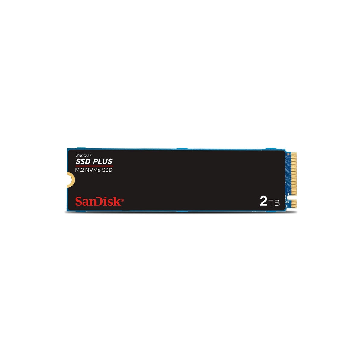 SanDisk SSD Plus M.2 NVMe SSD in black with a blue edge, featuring gold connector pins and white text indicating 2TB capacity.