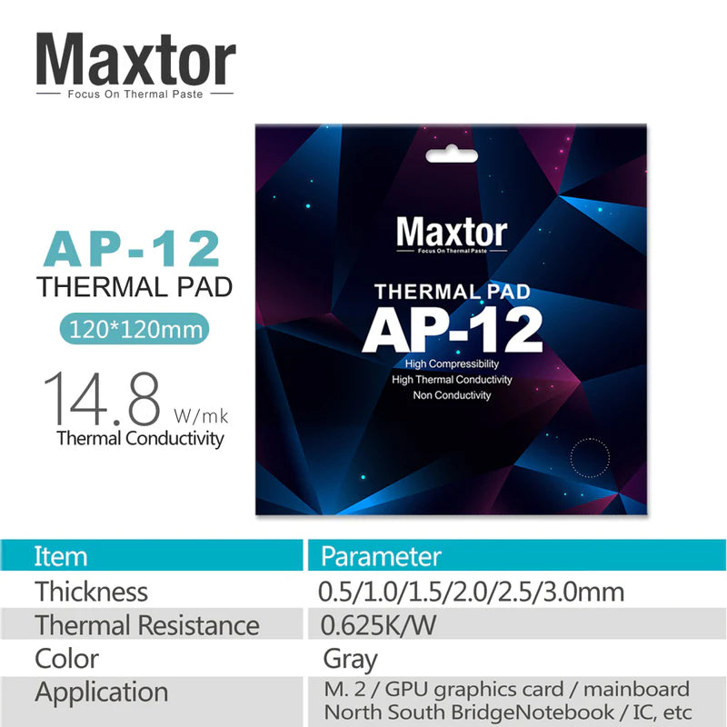 Maxtor AP-12 Thermal Pad | 14.8 W/mK Silicone | 3 Sizes × 6 Thickness