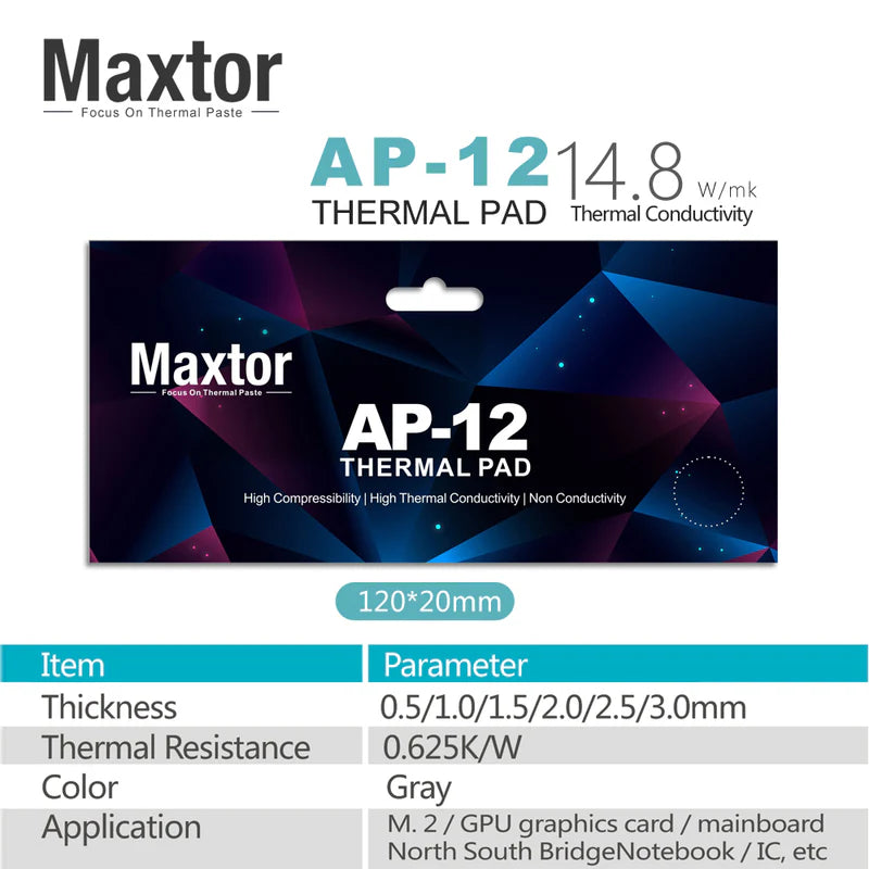 Maxtor AP-12 Thermal Pad | 14.8 W/mK Silicone | 3 Sizes × 6 Thickness