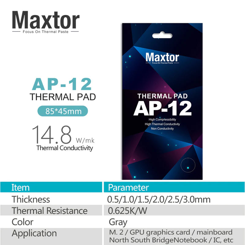 Maxtor AP-12 Thermal Pad | 14.8 W/mK Silicone | 3 Sizes × 6 Thickness