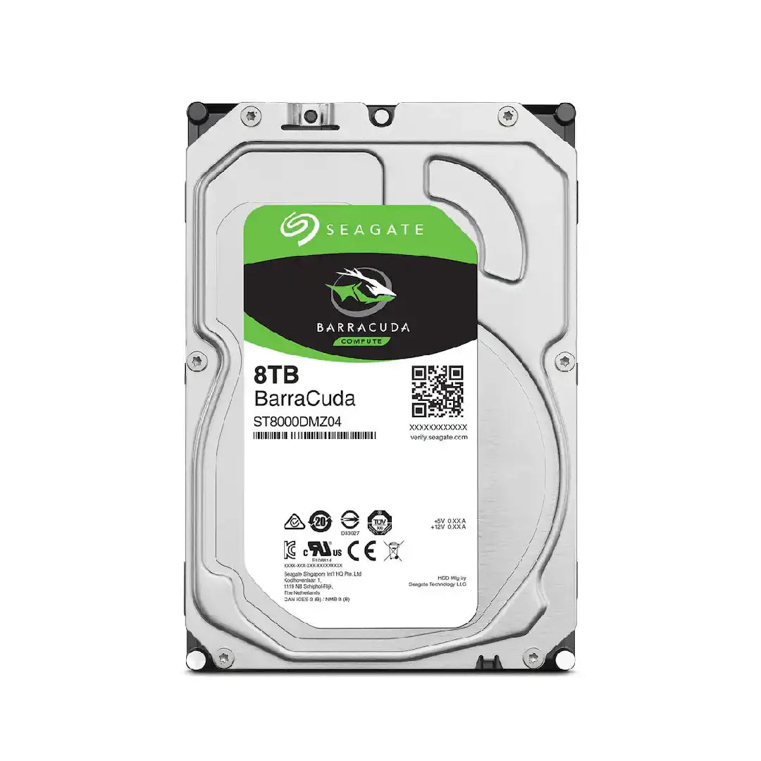 A Seagate BarraCuda 8TB internal hard drive, model ST8000CMZ04, shown from the front against a plain white background.