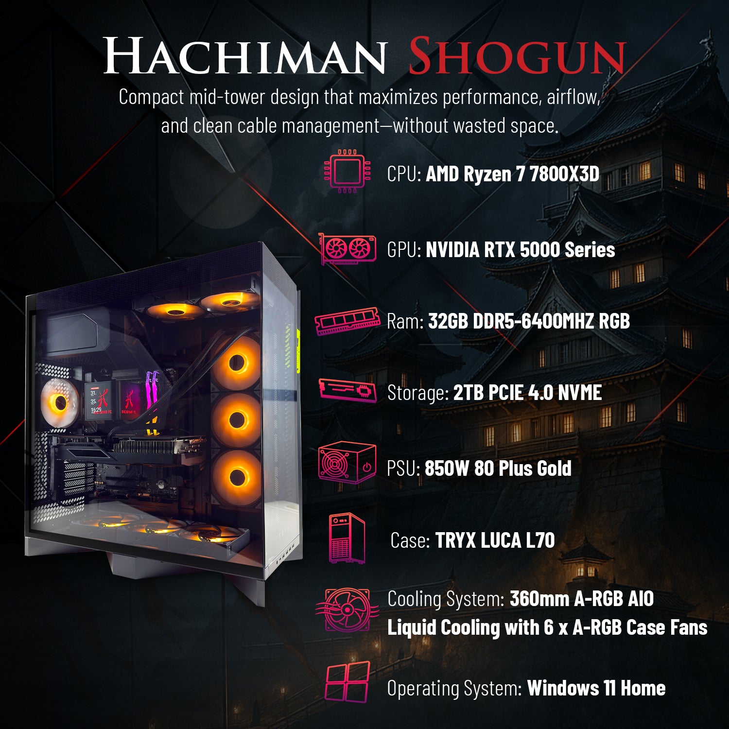 Hachiman PC Shogun Gaming PC, AMD Ryzen 7 7800X3D, NVIDIA GeForce RTX 5080 16GB, 32GB DDR5 6000MHz RGB, 2TB Gen4 NVMe SSD, 360 A-RGB AIO, Wi-Fi 6, Windows 11 Home, Desktop Computer