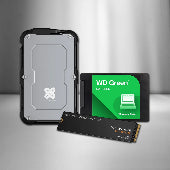 Three different types of Western Digital solid-state drives on a gray background