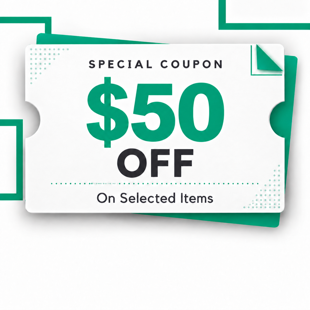 A $50 off coupon graphic with bold green and black text on a white ticket-style card, layered over a teal geometric background.