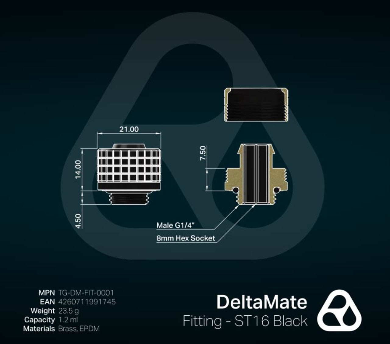 Thermal Grizzly DeltaMate ST16 Soft-Tube Water Cooling Compression Fitting G1/4'' Thread, CNC-Machined Brass Matte-Black, Knurled Compression Ring for 10 mm ID / 16 mm OD Flexible Tubing TG-DM-FIT-0001
