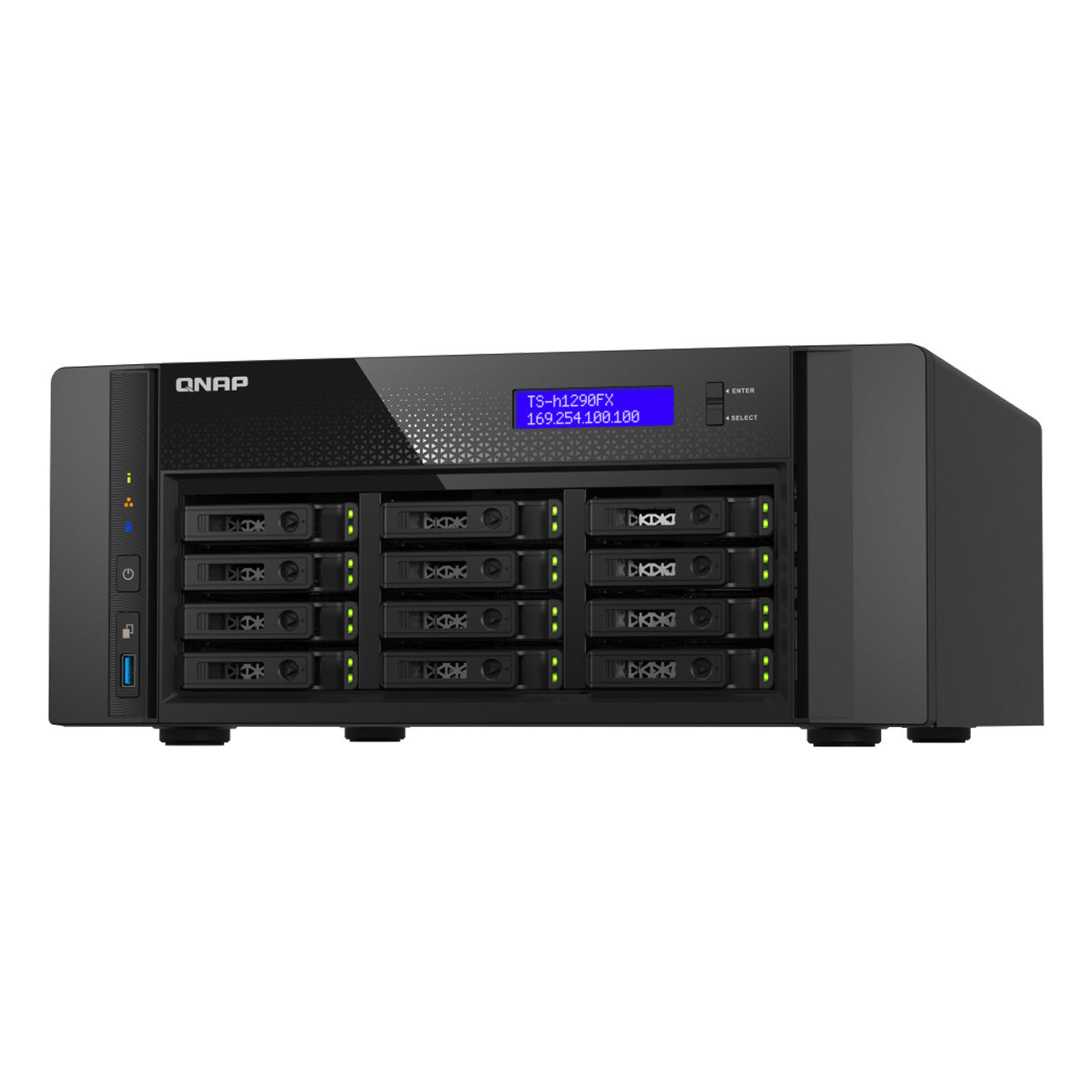 The QNAP TS-H1290FX-7302P-256G-US is a high-performance 12-bay all-flash desktop NAS powered by an AMD EPYC 7302P processor with up to 3.2GHz clock speed.