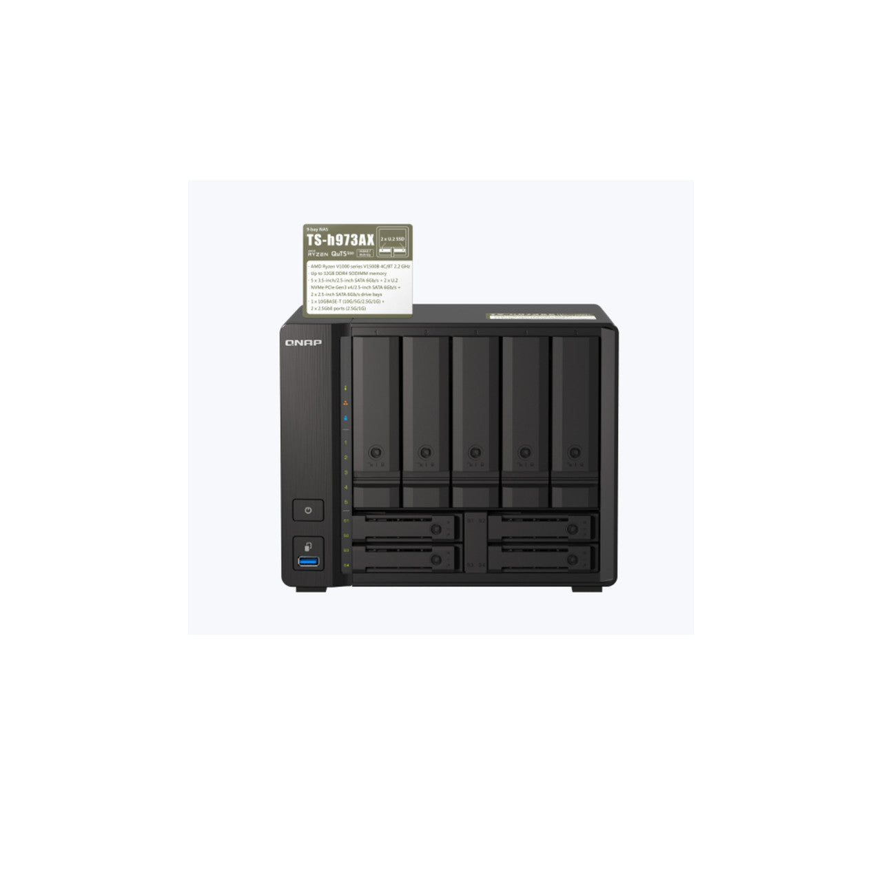 QNAP TS-H973AX 9-bay Desktop NAS, AMD Ryzen V1500B 4C 8T 2.2GHz, 8GB DDR4 SODIMM, 5 x 2.5"/3.5" SATA