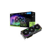 A PNY GeForce RTX 5080 graphics card with a black triple-fan design and RGB lighting, shown in front of its black and green retail box on a plain white background.