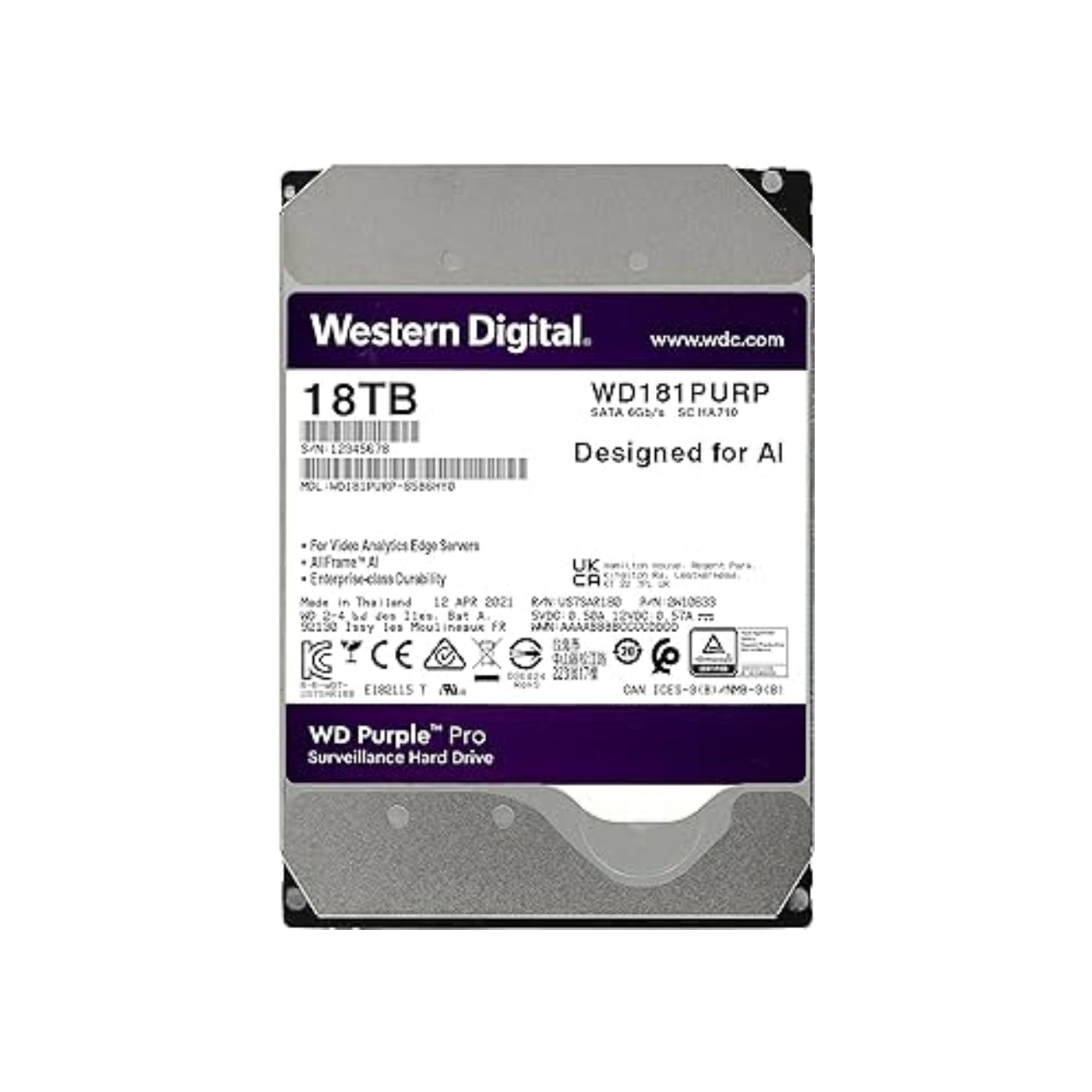WD 18TB Purple Pro Surveillance Internal Hard Drive HDD - 7200 RPM, SATA 6 Gb/s, 512 MB Cache, 3.5" WD181PURP
