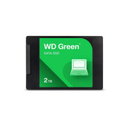 A WD Green 2TB SATA SSD in a black rectangular package with a bright green label showing a laptop icon and the text 'WD Green', 'SATA SSD', and '2TB' on a white background.