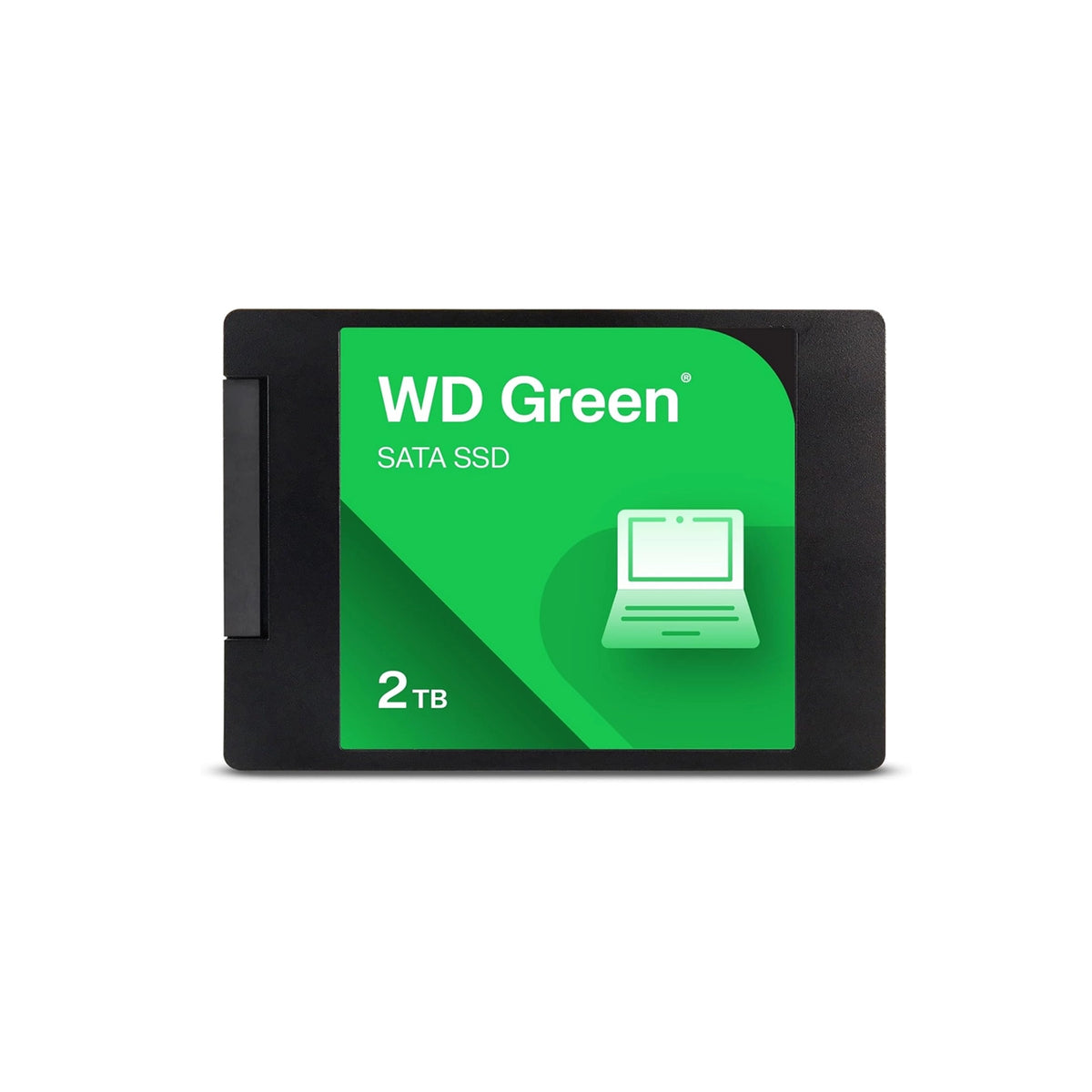 A WD Green 2TB SATA SSD in a black rectangular package with a bright green label showing a laptop icon and the text 'WD Green', 'SATA SSD', and '2TB' on a white background.