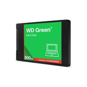 A 500GB WD Green SATA SSD from SanDisk, featuring a black metal casing with a bright green front label, shown on a clean white background.