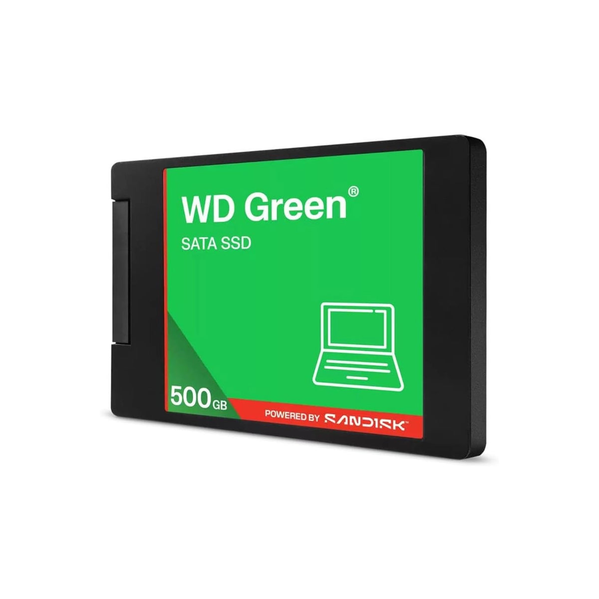 A 500GB WD Green SATA SSD from SanDisk, featuring a black metal casing with a bright green front label, shown on a clean white background.