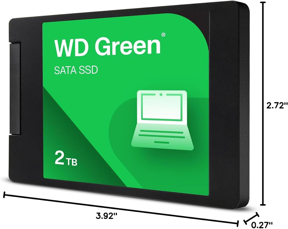 WD Green 2TB SATA SSD shown at an angle with dimension lines indicating 3.92 inches wide, 2.