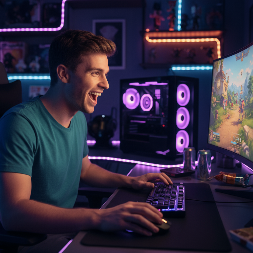 a guy play game on computer look so fun