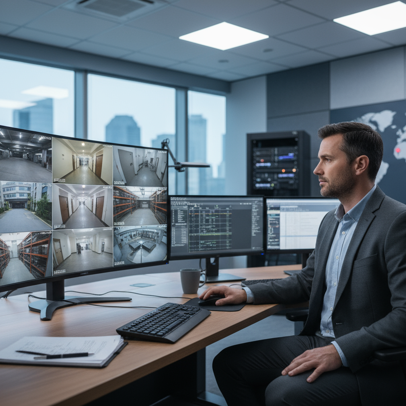 a guy working with computer watching CCTV on desktop 