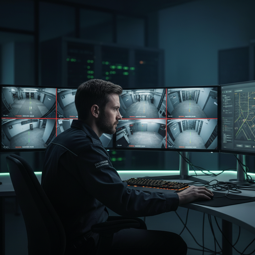 Person working in a control room with multiple monitors displaying security footage and data.