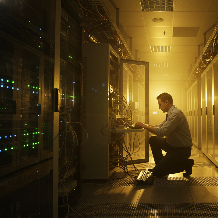a man working in Server Room with nas / yellow light 