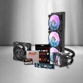 Computer cooling components including fans and thermal pads on a gray background