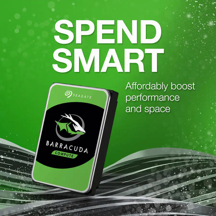 A Seagate Barracuda Compute SSD drive shown at an angle on a green promotional background with large white text reading 'SPEND SMART' and smaller text about boosting performance and space.