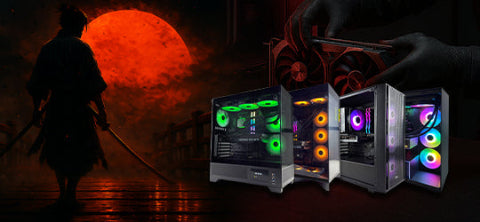 Four colorful computer cases with RGB lighting on a dark background with a samurai silhouette.