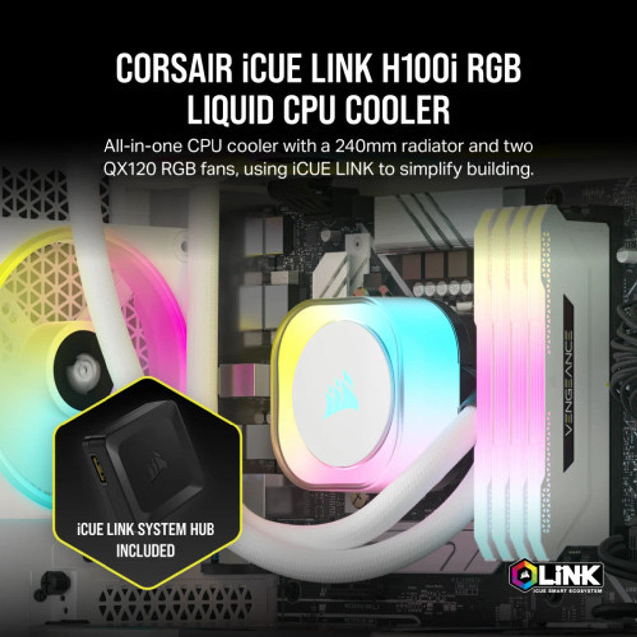 Corsair iCUE Link H100i Liquid CPU Cooler 240mm AIO QX120 RGB Fans Fits Intel LGA 1700, AMD AM5 (White) CW-9061005-WW