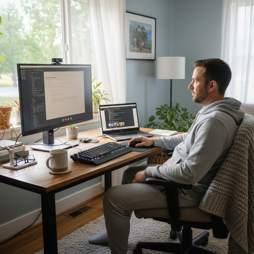 Man at home in quarantine working on computer
